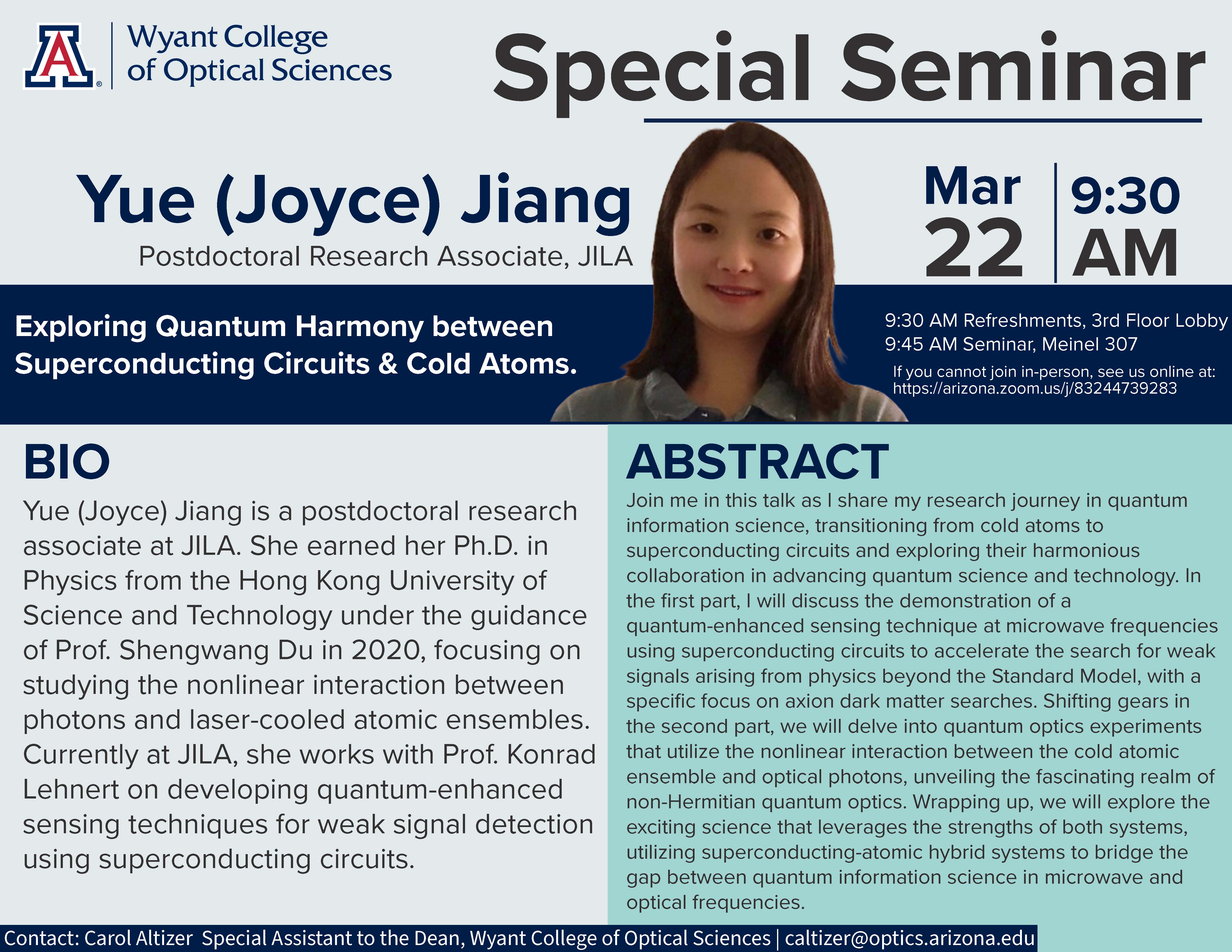 Special Seminar Joyce Jiang, "Exploring Quantum Harmony Between
